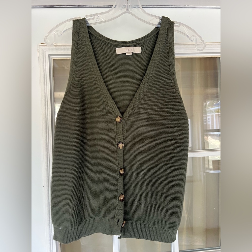 LOFT Olive Knit Button-Front Vest